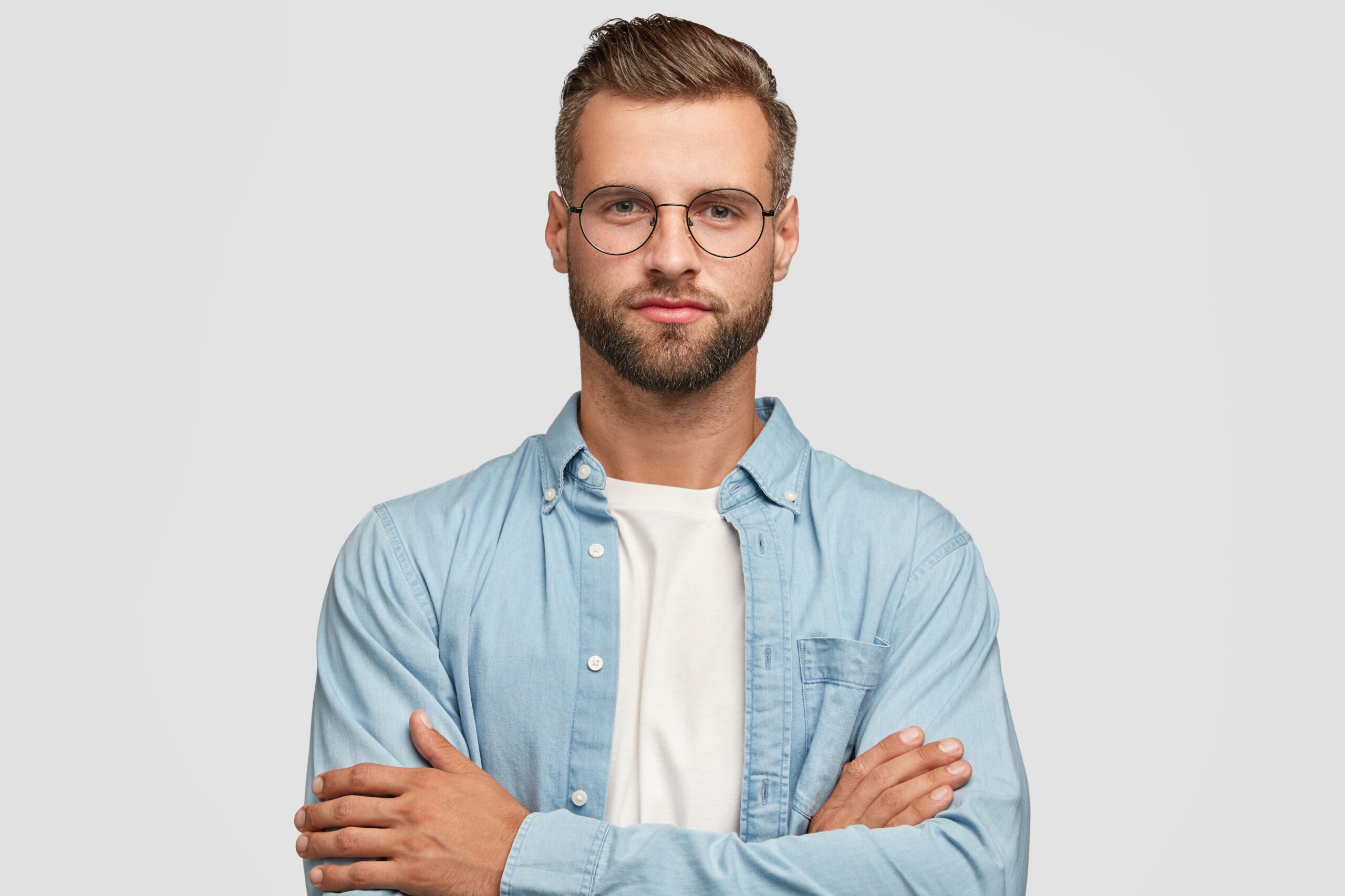 handsome bearded guy posing against white wall min scaled
