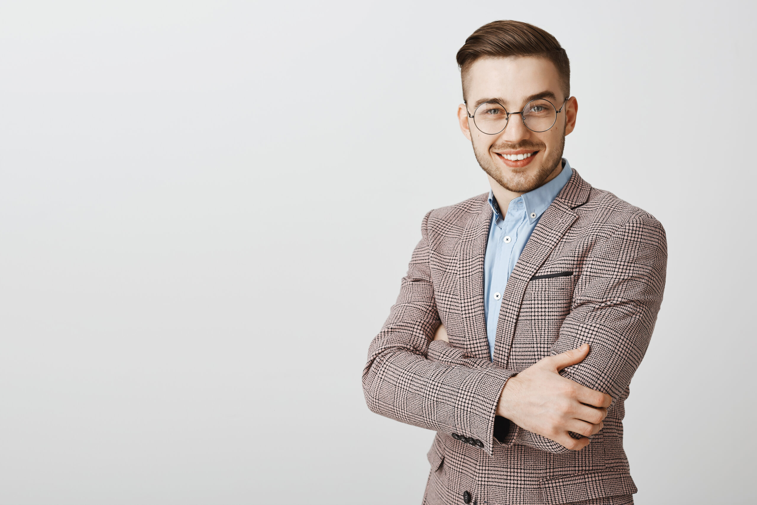 handsome businessman suit glasses cross arms chest look scaled