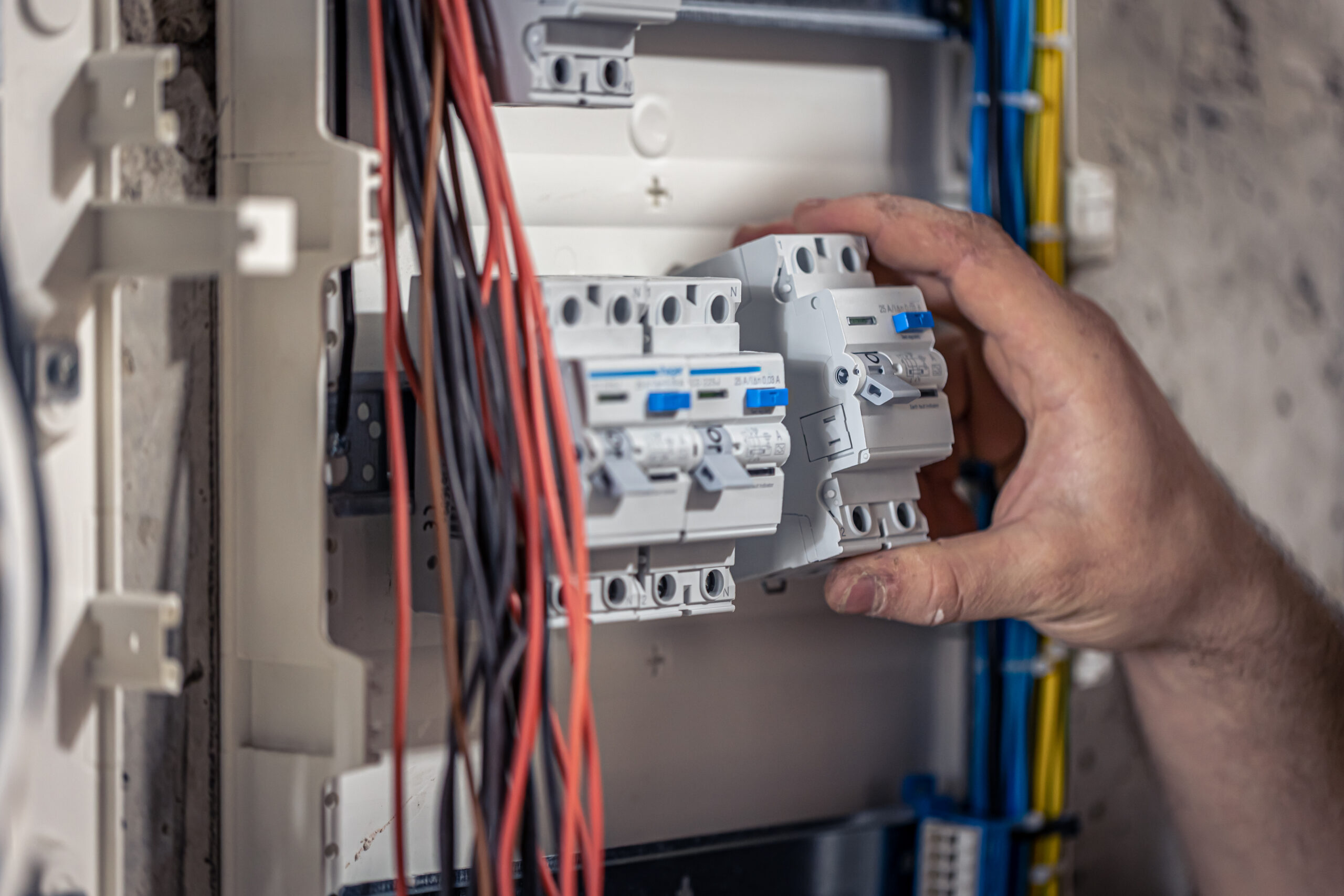 male electrician works switchboard with electrical connecting cable 1 scaled